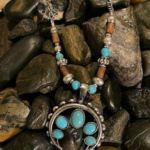 Horseshoe Turquoise Necklace Moon Stars Wood Silver blossom